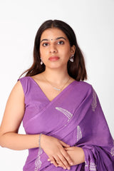 Elegant Lilac Hand-Block Printed Cotton Saree | Dual-Pattern Mulmul Saree with Matching V-Neck Sleeveless Blouse