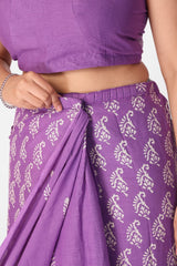 Elegant Lilac Hand-Block Printed Cotton Saree | Dual-Pattern Mulmul Saree with Matching V-Neck Sleeveless Blouse