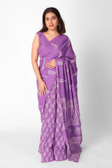 Elegant Lilac Hand-Block Printed Cotton Saree | Dual-Pattern Mulmul Saree with Matching V-Neck Sleeveless Blouse