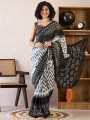 Midnight Monochrome: Hand-Block Printed Chanderi Cotton Saree with Geometric Ikat Patterns & Designer Sleeveless Blouse