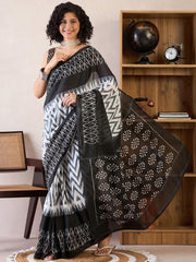 Midnight Monochrome: Hand-Block Printed Chanderi Cotton Saree with Geometric Ikat Patterns & Designer Sleeveless Blouse