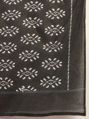 Midnight Monochrome: Hand-Block Printed Chanderi Cotton Saree with Geometric Ikat Patterns & Designer Sleeveless Blouse
