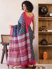 Elegant Slate Grey and Pink Cotton Saree | Geometric Handblock Print with Contrast Blouse