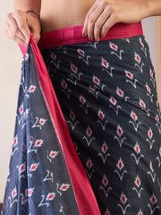 Elegant Slate Grey and Pink Cotton Saree | Geometric Handblock Print with Contrast Blouse