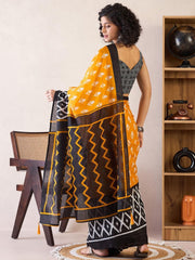 Mustard Yellow & Charcoal Black Hand-Block Print Cotton Saree