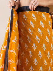 Mustard Yellow & Charcoal Black Hand-Block Print Cotton Saree