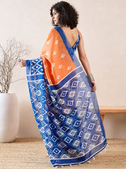 Handloom Linen Ikat Saree in Vibrant Orange & Indigo Blue | Ethnic Geometric Weave with Matching Sleeveless Blouse