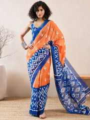 Handloom Linen Ikat Saree in Vibrant Orange & Indigo Blue | Ethnic Geometric Weave with Matching Sleeveless Blouse