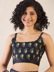 Hand-Block Printed Lime Green & Black Mulmul Cotton Saree with Sleeveless Printed Blouse