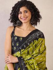 Hand-Block Printed Lime Green & Black Mulmul Cotton Saree with Sleeveless Printed Blouse