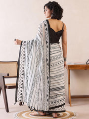 White & Black Geometric Block Print Saree - Minimalist Ethic Wear for Women