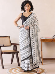 White & Black Geometric Block Print Saree - Minimalist Ethic Wear for Women