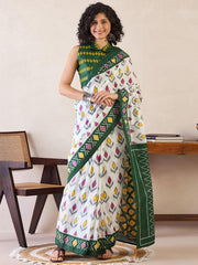 Elegant White & Forest Green Pochampally Ikat Print Cotton Saree with Collared Halter Blouse