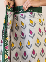 Elegant White & Forest Green Pochampally Ikat Print Cotton Saree with Collared Halter Blouse