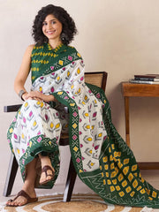 Elegant White & Forest Green Pochampally Ikat Print Cotton Saree with Collared Halter Blouse