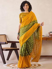 Handloom Cotton Mustard & Olive Green Ikat Print Saree with Geometric Blouse Piece