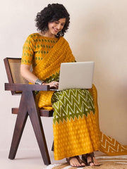 Handloom Cotton Mustard & Olive Green Ikat Print Saree with Geometric Blouse Piece