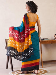 Handcrafted Mul Cotton Saree with Shibori Tie-Dye & Ikat Border – Teal, Mustard & Crimson