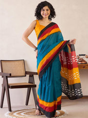 Handcrafted Mul Cotton Saree with Shibori Tie-Dye & Ikat Border – Teal, Mustard & Crimson