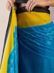 Blue & Mustard Yellow Handloom Ikkat Cotton Saree with Contrast Black Blouse