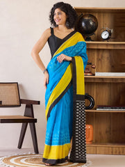 Blue & Mustard Yellow Handloom Ikkat Cotton Saree with Contrast Black Blouse