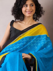 Blue & Mustard Yellow Handloom Ikkat Cotton Saree with Contrast Black Blouse