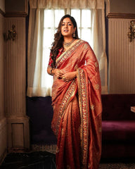 Red Tameti Colour Gold Crush Saree with Heavy Embroidered Blouse and Sequin Border Work