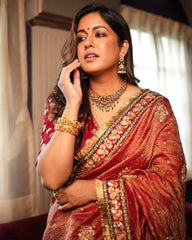 Red Tameti Colour Gold Crush Saree with Heavy Embroidered Blouse and Sequin Border Work