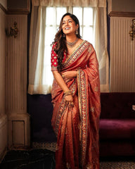 Red Tameti Colour Gold Crush Saree with Heavy Embroidered Blouse and Sequin Border Work