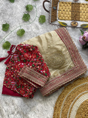 Light Yellow Gold Color Satin Saree with Designer Embroidered Bridal Blouse