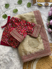 Light Yellow Gold Color Satin Saree with Designer Embroidered Bridal Blouse