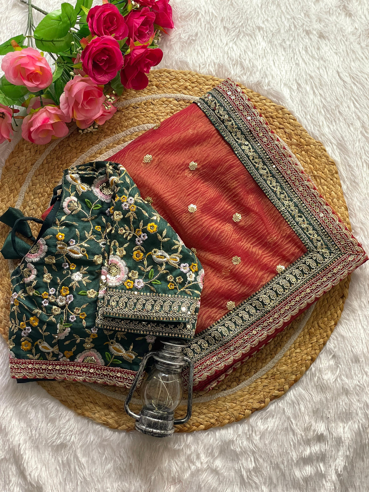 Orange Color Gold Crush Saree with Heavy Embroidered Emerald Green Blouse