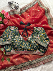 Orange Color Gold Crush Saree with Heavy Embroidered Emerald Green Blouse