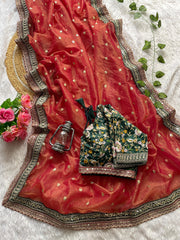 Orange Color Gold Crush Saree with Heavy Embroidered Emerald Green Blouse