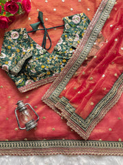 Orange Color Gold Crush Saree with Heavy Embroidered Emerald Green Blouse