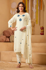 Off-White Silk Blend Straight Kurta Set with Blue Floral Embroidery