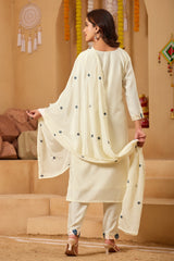 Off-White Silk Blend Straight Kurta Set with Blue Floral Embroidery