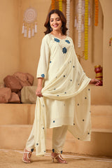 Off-White Silk Blend Straight Kurta Set with Blue Floral Embroidery