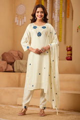 Off-White Silk Blend Straight Kurta Set with Blue Floral Embroidery
