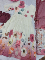 Designer Long Flare Floral Gown for Women with Potli Buttons & Heavy Border Dupatta