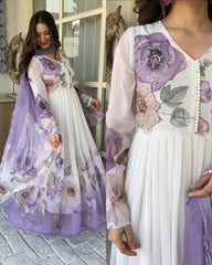 Lavender & White Floral Printed Georgette Anarkali Gown with Pearl Detailing