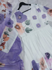 Lavender & White Floral Printed Georgette Anarkali Gown with Pearl Detailing
