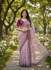 Lavender Color Saree & Wine Embroidered Blouse – Heavy Zari & Zarkhan Diamond
