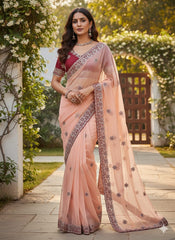 Orange Color Saree & Maroon Embroidered Blouse – Heavy Zari & Zarkhan Diamond