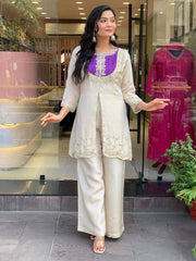 Off-White Silk Indo-Western Set with Contrast Purple Embroidered Yoke