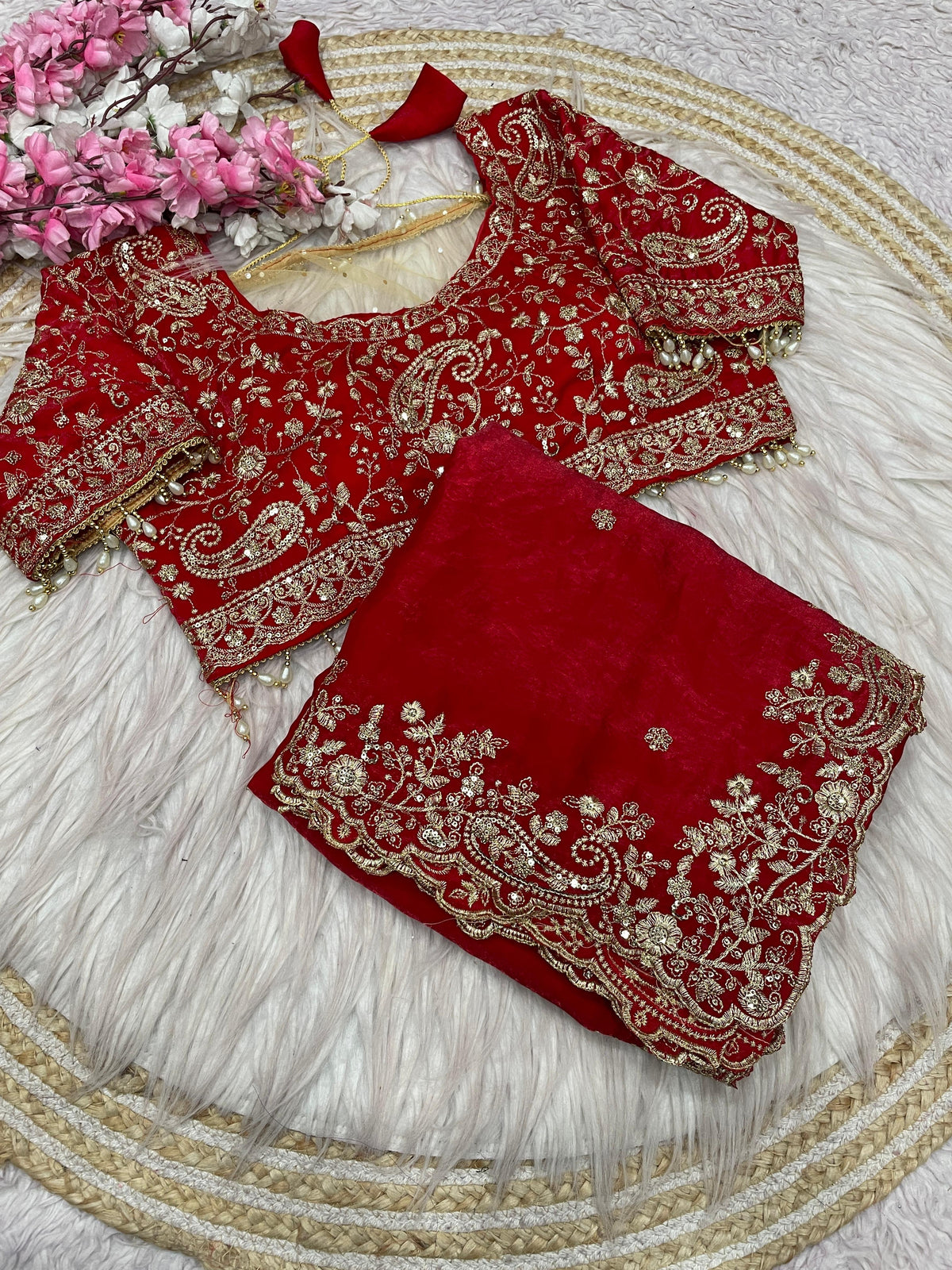 Red Georgette Saree with Heavy Zari Embroidery & Includes Full Work Blouse