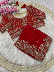 Red Georgette Saree with Heavy Zari Embroidery & Includes Full Work Blouse