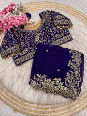 Royal Purple Georgette Saree with Heavy Zari Embroidery & Includes Full Work Blouse