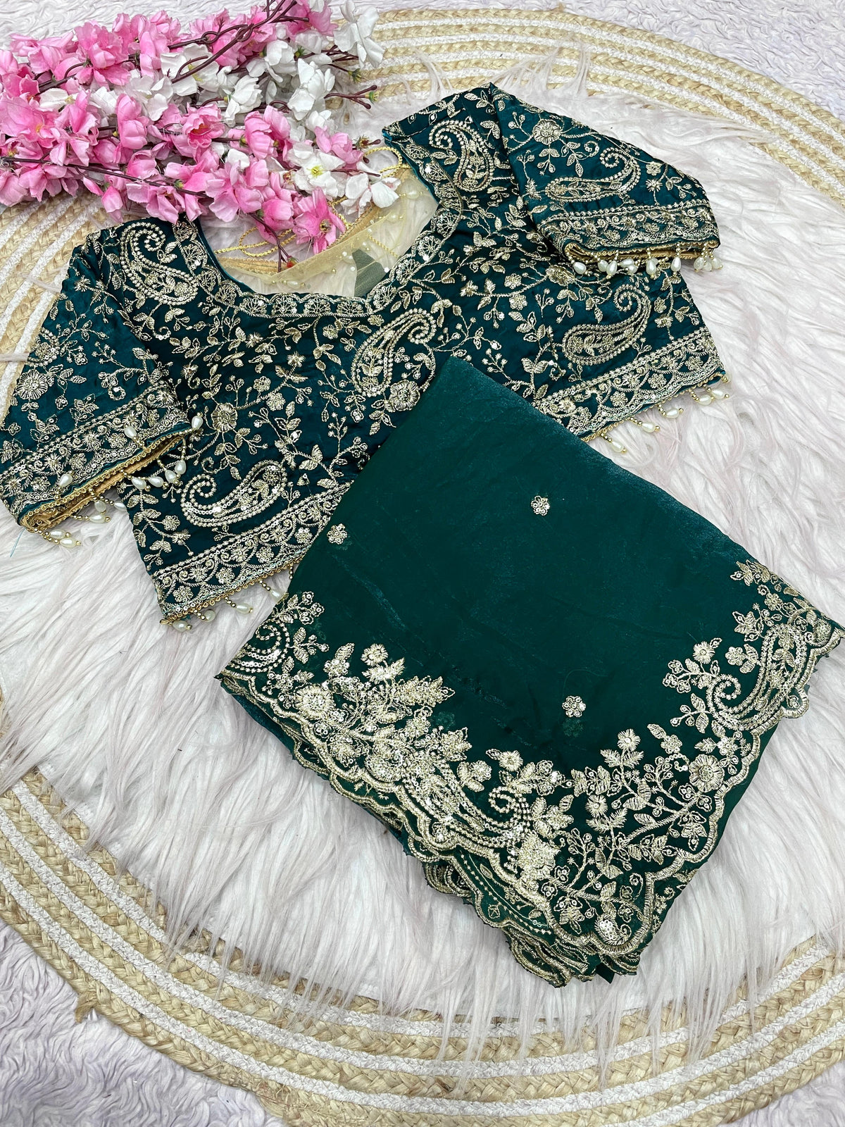 Morpitch Rama Georgette Saree with Heavy Zari Embroidery & Includes Full Work Blouse