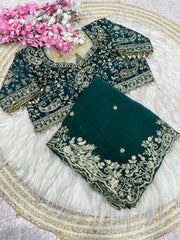 Morpitch Rama Georgette Saree with Heavy Zari Embroidery & Includes Full Work Blouse